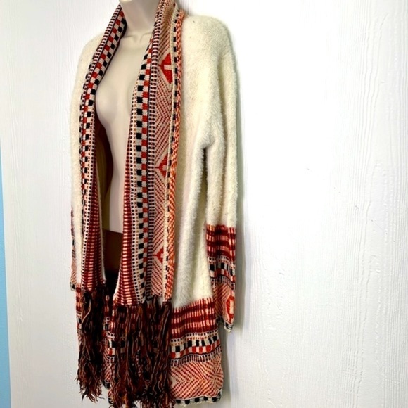 MAX SPORT - Ivory & Orange Long Boho Peruvian Fringe Beautiful Open Cardigan M - Picture 5 of 13